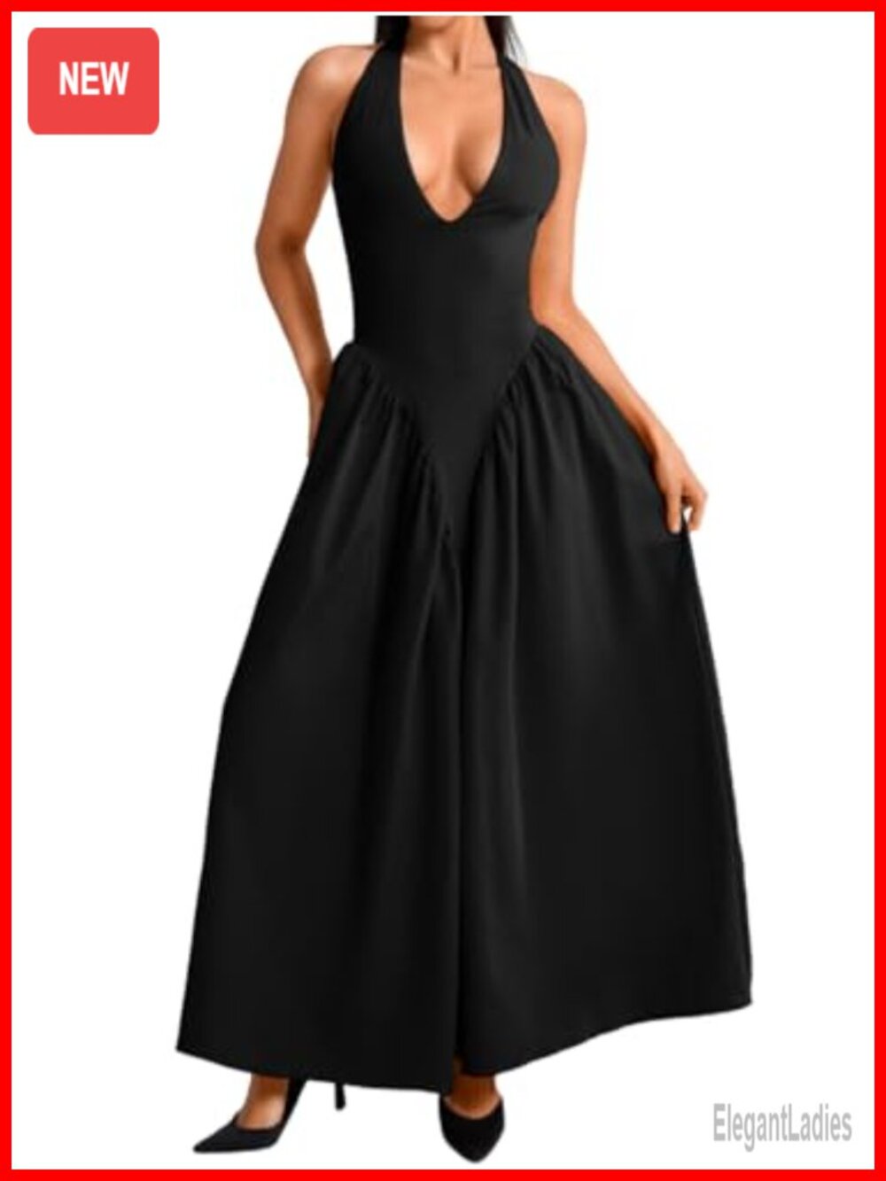 Deep V Neck Halter Maxi Dress Corset Flowy Drop Waist Wedding Guest